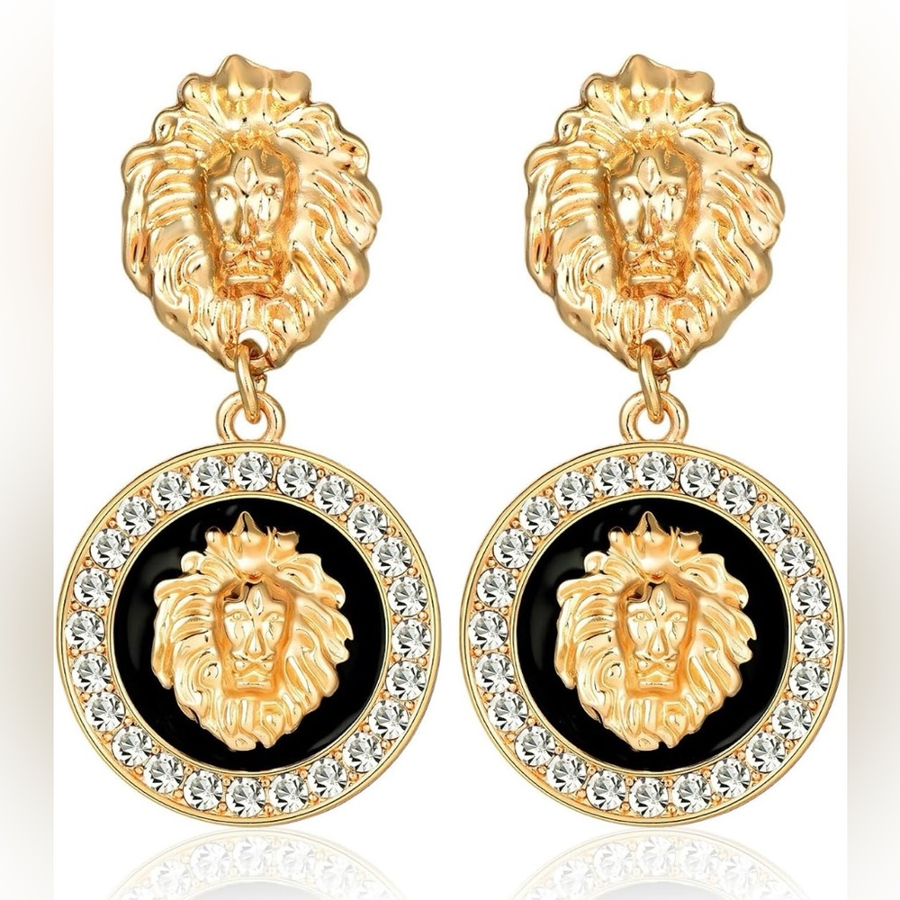 Lion Drop Earrings Gold-Plated Rhinestone Lion Head Dangle Earring Hip Hop